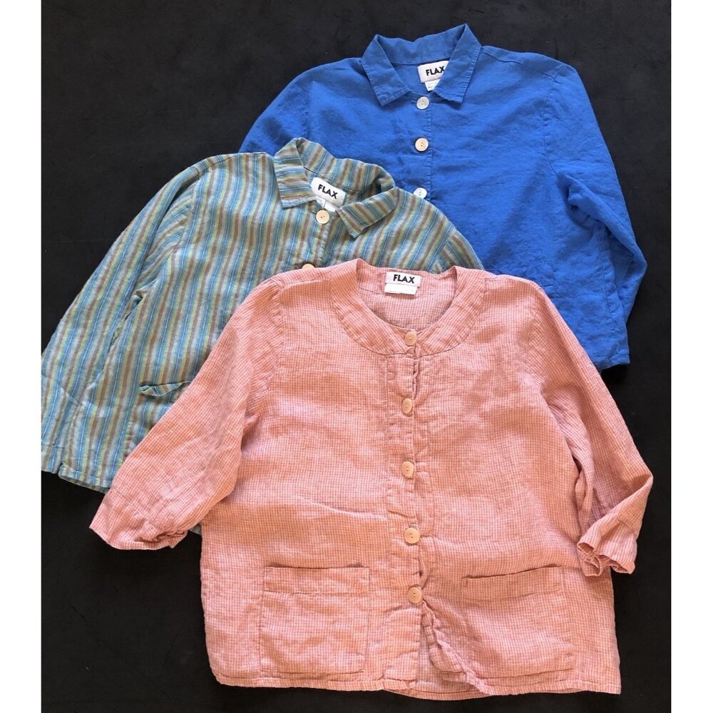 Flax Pink, Blue & Teal Linen Button-Front Tops (Set of 3)